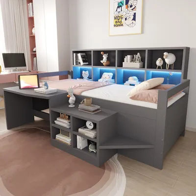 Productafbeelding van Kinderbed 90x200 cm met bureau, opbergruimte, LED-verlichting en stopcontacten, enkelbed van massief hout met opbergvakken en extra opbergruimte, tienerbed, grijs