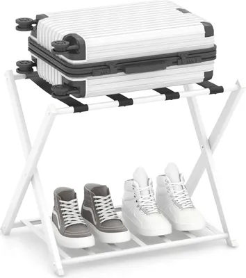 Immagine prodotto di COSTWAY Portabagagli pieghevole, portabagagli a 2 livelli con ripiano, robusto telaio di supporto con robuste cinghie in nylon Bianco
