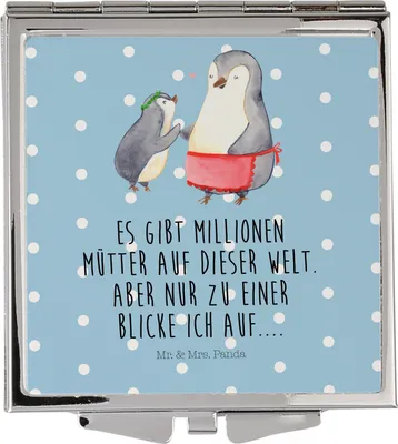 Produktbild von Mr. & Mrs. Panda Handspiegel Pinguin mit Kind - Blau Pastell - Geschenk, Mutter, Muttertag, Tochter, Schminkspiegel, Kosmetikspiegel, Kleiner Spiegel, Frauen