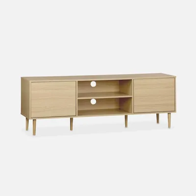 A light wood-effect TV stand with two doors and two open shelves, presented against a plain background.