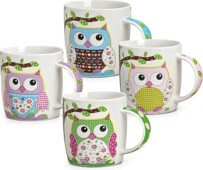 Image de matches21 Tasses Mugs Tasses à café Motifs multicolores de hiboux Set de 4 pièces bleu rose violet vert Porcelaine 9 cm / 300 ml