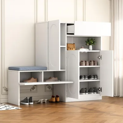 Produktbild von 2-in-1 Schuhschrank mit Sitzbank - 130x35x110 cm weiß - Klapptür & Soft-Close - höhenverstellbare Böden