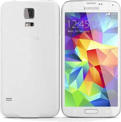 A white Samsung Galaxy S5 smartphone is shown from the front and back.
