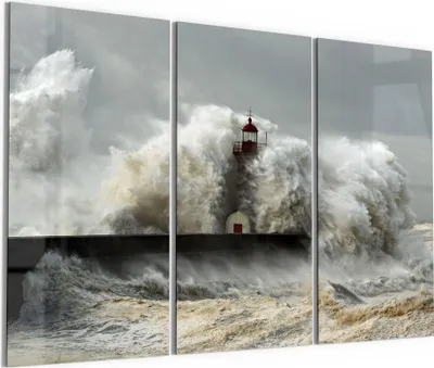 Produktbild von DEQORI Glasbild Echtglas 3x50x100 cm 'Leuchtturm bei Sturmflut' Wandbilder XXL groß