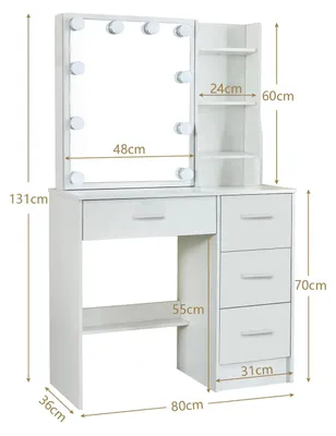 Zdjęcie produktu dla Toaletka – stolik kosmetyczny – lustro z regulowanymi lampami LED – 4 szuflady – 5 otwartych półek – 80 x 36 x 131 cm – biały