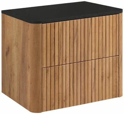 Image de Armoire de salle de bain, dimensions 60 cm, finition chêne imitation, plateau noir, dimensions totales : 60,8 x 44,2 x 50 cm, productTiles.product.images.aiGenerated
