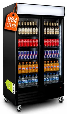 Produktbild von GastroHero Getränkekühlschrank ECO 1000 mit Klapptüren, schwarz, LED-Innenbeleuchtung, Leuchtaufsatz, abschließbar & energieeffizient