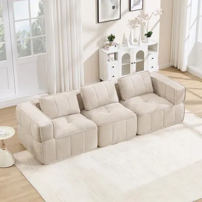 Zdjęcie produktu dla Modułowa sofa dwuosobowa w kolorze beżowym, wykonana z poliestru. Sofa nie wymaga montażu, wypełniona pianką 32D, charakteryzuje się bezramową konstrukcją i głębokim siedziskiem. Wymiary: 271x93x67 cm