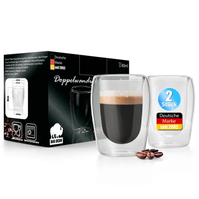 Produktbild von BigDean 2 Stück doppelwandige Espressotassen 80 ml in Gastro-Qualität - Espressotassen Set in Geschenkverpackung