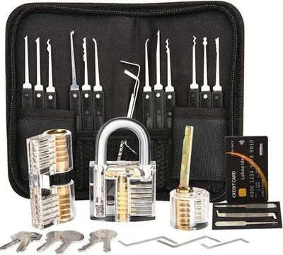 Produktbild von Famanu Lockpick Set 17-teilig mit Kreditkarte und transparenten Vorhängeschlössern - Komplettes Starterpaket für Anfänger