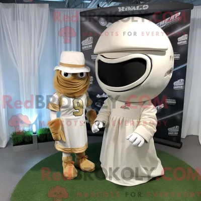 Produktbild von Hellbraunes REDBROKOLY Maskottchenkostüm mit American Football-Helm bekleidet mit einem Brautkleid und Beanies