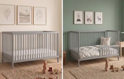 Produktbild von Kids Collective Babybett Kinderbett Gitterbett mit Rausfallschutz Baby Bett | stabiles Buchenholz | Juniorbett | Europe | Kinderzimmer Jugendzimmer Möbel | 60x120 cm | Grau