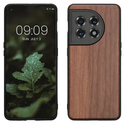 Produktbild von kwmobile Handyhülle für OnePlus 11 Hülle Holz - Case mit TPU Bumper - Stoßfestes Hardcase - Schutzhülle Cover in Dunkelbraun