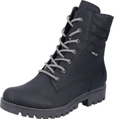 A black Rieker women's biker boot is shown against a white background.