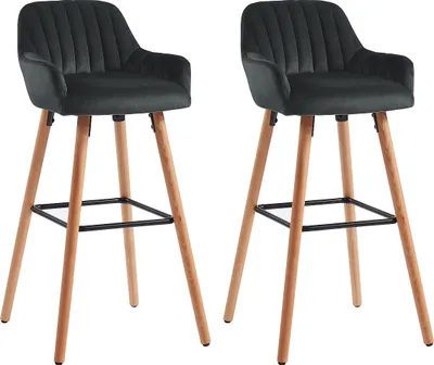 Produktbild von 2er-Set ELEANA Barhocker - Velours und Metall in Holzoptik - Farbe Schwarz