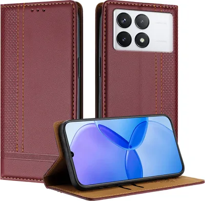 Produktbild von Handyhülle für Xiaomi Poco X6 Pro/Redmi K70E 5G Leder Flip Klappbare Schutzhülle mit Standfunktion Dunkelrot
