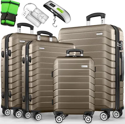 Immagine prodotto di tillvex® Set di valigie da viaggio 4-TLG. + bilancia per bagagli, 8X cinghie per bagagli e 4X etichette per bagagli | set di valigie a 4 ruote | valigia trolley con chiusura TSA | valigia con ruote set di valigie rigide S-M-L-XL (oro rosa)
