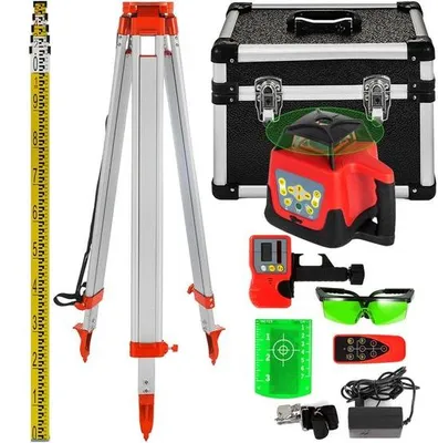Obrázek produktu pro Profesionální rotační laser - Max. Dosah 500 m - Zelený - 360stupňový čárový laser - Výškoměr - Vodotěsný a prachotěsný - Pro venkovní použití - Pracovní doba 20 hodin - Se stativem a pravítkem - Elektrické napájení