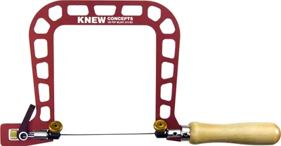A red Knew Concepts jeweler's saw with a wooden handle is shown against a white background.