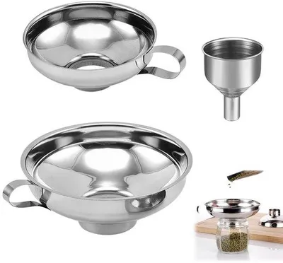 Produktbild von Unyqoos® 3‑teiliges Edelstahl-Trichter-Set (15/10,7/3,8 cm) – stapelbar, lebensmittelecht, spülmaschinengeeignet, mit seitlichem Griff