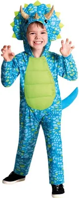 A young boy wearing a blue dinosaur costume.