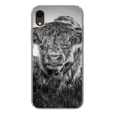 Produktbild von MuchoWow® Handyhülle Schutzhülle Hülle für iPhone XR Schottischer Highlander - Schwarz und Weiß Silikon Softcase Handy Hülle - Schutzdeckel