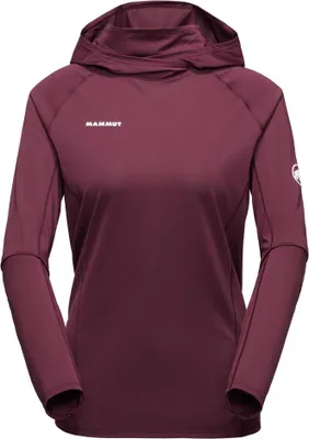 Damen Langarmshirt in Dunkelrot mit Kapuze und weißem Mammut-Logo auf der Brust und am Ärmel