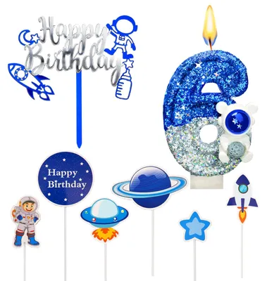 Zahlenkerze 6 mit Astronauten-Motiv, 7,5 cm, für Geburtstagstorte