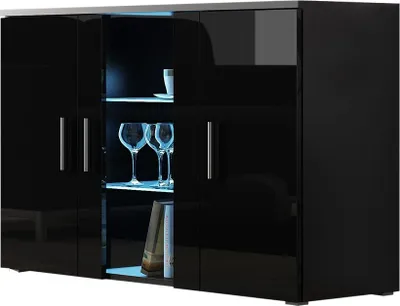 A black high-gloss sideboard with glass doors and internal blue LED lighting.