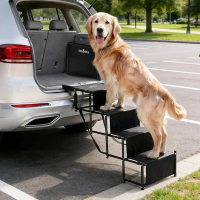 Produktbild von Hundetreppe Auto Klappbar – Leicht & Verstellbar 53–81 cm für SUV & Kombi – Hunderampe Alternative für Große Hunde – Gelenkschonende Einstiegshilfe – Geschlossene Stufen & Anti-Rutsch – Bis 65 kg
