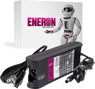 A laptop power adapter and its packaging are displayed against a white background. The packaging features a robot mascot and the brand logo.