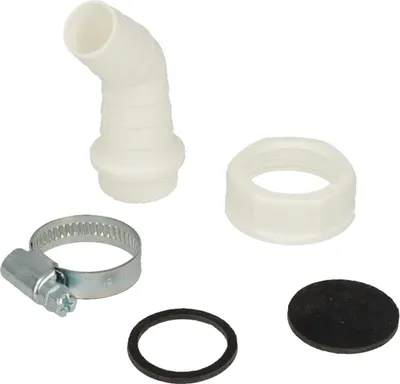 A collection of plumbing parts arranged on a white background.