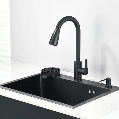 Produktbild von Spülbecken Küche - Einzelbecken mit Armatur - 304 Edelstahl - Ausziehbare Brause - Mischbatterie für Kalt und Warm - Gebürstet - Schwarz B 60x45 cm