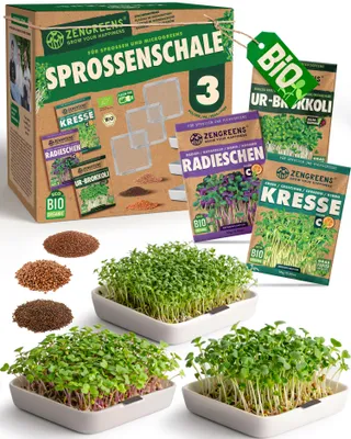 Produktbild von ZenGreens® 3 Keimschalen aus Keramik mit Edelstahl-Sieb & 3 Sorten Keimsaat