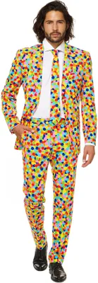 A man wearing a colorful confetti-patterned suit.