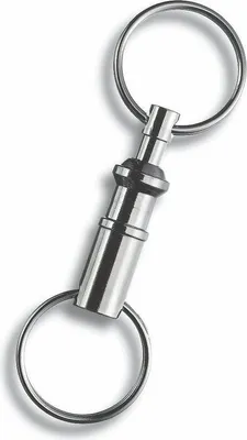 A close-up studio shot of a silver keychain connector.