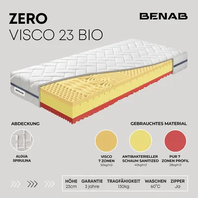 Produktbild von Visco-Matratze Benab Zero Visco 23 Bio Matratze 75 x 195 cm H3 / H4 hart 23 cm hohe Visco-Matratzen, Algua Spirulina, Visco, Antibakteriell, PUR, 7 Zonen, Knoben