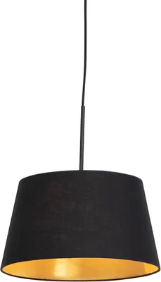 Produktbild von QAZQA - Klassisch I Antik Hängelampe I Pendellampe I Pendelleuchte mit Baumwollschirm schwarz mit Gold I Messing 32 cm - Combi I Wohnzimmer I Schlafzimmer - Textil Zylinder I Länglich I Rund - LED gee
