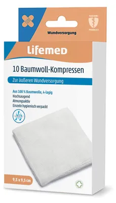Produktbild von Lifemed Baumwoll-Kompressen 95 x 95 mm weiß 10 Stück 4-lagig