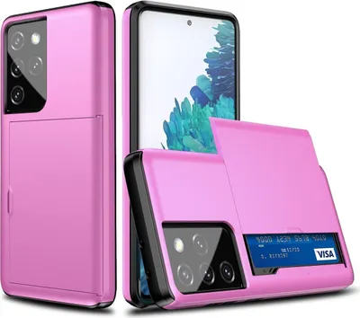 A pink phone case with a card holder is shown from multiple angles.