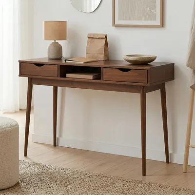 Produktbild von Schreibtisch STEFANO Kastanien farben - Bürotisch mit 2 Schubladen und Fach aus Massivholz, Home Office Tisch, moderner Arbeitstisch