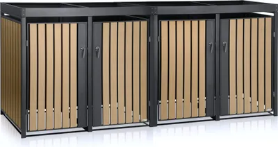 A multi-unit trash bin enclosure with a planter roof.