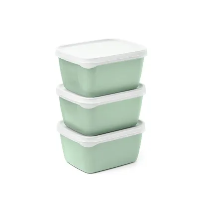 Three stacked food storage containers with white lids.