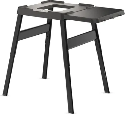 A black adjustable stand with a side table, shown from a 3/4 angle against a white background.