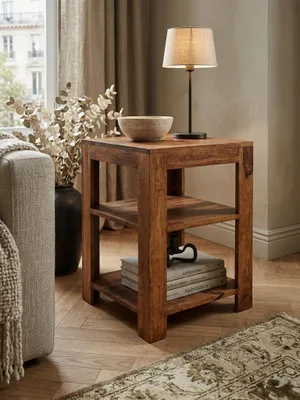 Produktbild von Standregal MUMBAI Massiv-Holz Sheesham 60 cm Wohnzimmer-Regal mit 2 Ablagefächer Design Landhaus-Stil Beistelltisch