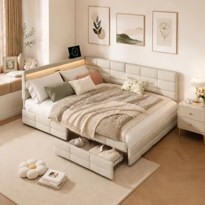 Image de INONEFT, lit capitonné 140 x 200 cm, lit double, lit pour adultes avec sommier à lattes et deux tiroirs, lit pour enfants avec éclairage LED et port USB, tissu en lin, couleur beige, Image générée par une IA