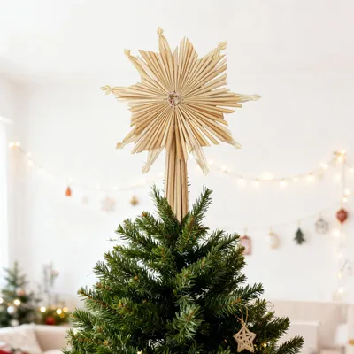 Produktbild von Salcar 17 cm Christbaumspitze Stern Stroh Strohsterne für Weihnachtsbaum, Handgemachter natürlicher Weihnachtsbaumschmuck für Christbäume, 1-tlg
