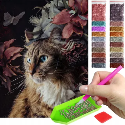 Zdjęcie produktu dla Haft diamentowy ARTULIO - Kot wśród kwiatów - 40 x 30 cm - Diamond painting, Kompletny zestaw: mozaika + akcesoria