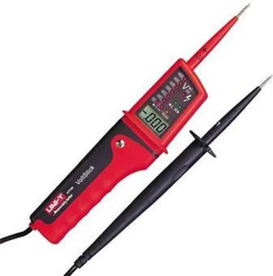 A red and black voltage tester with a digital display and a separate black probe, presented against a white background.