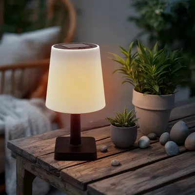 A solar table lamp with a black base sits on a wooden table outdoors, surrounded by plants and stones.